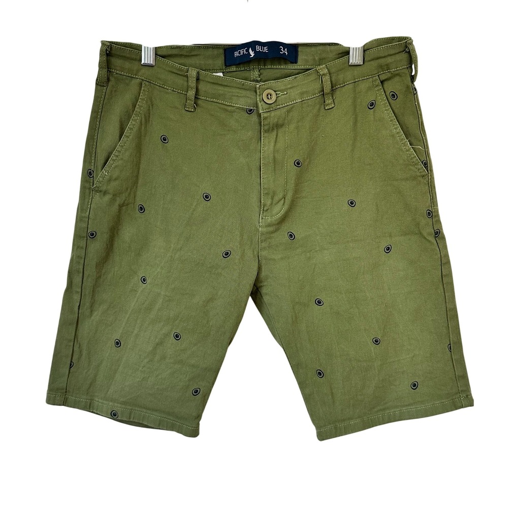Pacific Blue Mens Chino Shorts Olive Green Size 34 Casual Flat Front Polka Dot